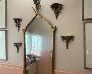 Whimsical tree branch wall mirror & vintage decorative wood shelves...