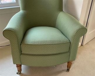 $500  HIGHLAND HOUSE HI REMY LOW PROFILE SAGE GREEN LOUNGE CHAIR WITH FRONT CASTERS

 WHY WE LOVE IT:

Highland House Antonio Low Profile Lounge Chair. Covered in a bright sage green dot pattern. Ideal for either a traditional or transitional setting. The ultra down seat cushion and blend down padded back and arms provide extreme comfort.

 DETAILS + DIMENSIONS:

29w x 30d x 38H - overall
23W x 24D x 18H - inside
arm height - 26
seat height - 19
Relaxed comfort seat
original price $1346
 
CONDITION: This piece is pre owned and in very good vintage condition.  The fabric is bright with no stains or fading.  Please refer to photos for a more detailed look at condition.  We make every attempt to list and photograph any defects or signs of wear that are significant to this sale. 

LOCAL PICK UP ALEXANDRIA, VA.  BUYER IS RESPONSIBLE FOR ANY NECESSARY DISASSEMBLY AND ALL COSTS ASSOCIATED WITH SHIPPING OR PICK UP.  CONTACT US FOR SHIPPING RECOMMENDATIONS.