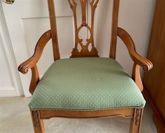 $300  HARDEN FURNITURE CHIPPENDALE ARM CHAIR

 WHY WE LOVE IT:

 A true jewel from the past.  This beautifully carved arm chair has so much detail it is impossible to not notice!  The sage green seat contrasts beautifully with the warm medium brown finish of the wood.  A great accent chair that can be used at the table for an extra guest. 

 DETAILS + DIMENSIONS:
 41H X 25W X 21D
 
CONDITION: This is a vintage piece that has been well cared for and is in very good condition with only minor signs of wear to be expected with use and age.  Please refer to photos for a more detailed look at condition.  We make every attempt to list and photograph any defects or signs of wear that are significant to this sale. 

 

LOCAL PICK UP ALEXANDRIA, VA.  BUYER IS RESPONSIBLE FOR ANY NECESSARY DISASSEMBLY AND ALL COSTS ASSOCIATED WITH SHIPPING OR PICK UP.  CONTACT US FOR SHIPPING RECOMMENDATIONS.