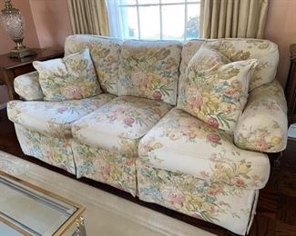 $750  SHERRILL FURNITURE FLORAL 3 CUSHION COUCH

 WHY WE LOVE IT:

This Three Cushion Sofa by Sherrill is a comfortable and attractive piece that brings happiness to any home. A floral English roll arm upholstered throughout in a light floral fabric covered with roses over a cream base. Three over stuffed back and seat cushions make this the most comfortable seat in the house.  Outward rolled arms and trimmed around the base with a pleated skirt.

 DETAILS + DIMENSIONS:

 70L X 34D X 30H
 
CONDITION: This is a pre owned piece that has been well cared for and is in very good vintage condition. No stains, fading or pulls. Please refer to photos for a more detailed look at condition.  We make every attempt to list and photograph any defects or signs of wear that are significant to this sale. 

 

LOCAL PICK UP ALEXANDRIA, VA.  BUYER IS RESPONSIBLE FOR ANY NECESSARY DISASSEMBLY AND ALL COSTS ASSOCIATED WITH SHIPPING OR PICK UP.  CONTACT US FOR SHIPPING RECOMMENDATIONS.