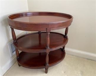 $250  THREE TIERED OVAL WOOD OCCASIONAL END TABLE WITH TRAY STYLE TOP

 WHY WE LOVE IT:

This English style three-tier end table has a dished oval tray top and two undertakers between baluster turned supports.  Additional ring carving on each tier finishes this elegant table.

 DETAILS + DIMENSIONS:

 26d X 17w X 26H
CONDITION: This is a vintage piece that has been extremely well cared for and is in very good condition.  There may be minor superficial signs of wear to be expected with use and age. Please refer to photos for a more detailed look at condition.  We make every attempt to list and photograph any defects or signs of wear that are significant to this sale. 

 

LOCAL PICK UP ALEXANDRIA, VA.  BUYER IS RESPONSIBLE FOR ANY NECESSARY DISASSEMBLY AND ALL COSTS ASSOCIATED WITH SHIPPING OR PICK UP.  CONTACT US FOR SHIPPING RECOMMENDATIONS.