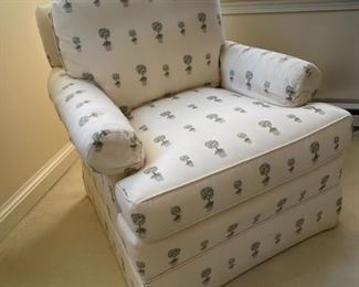 $300  SOUTHWOOD TOPIARY UPHOLSTERED LOOSE CUSHION ROLLED ARM CHAIR

 WHY WE LOVE IT:

Add a bit of whimsy and comfort by incorporating this contemporary style skirted accent chair, featuring a padded seat and cushioned backrest for a comfortable seating experience. Constructed from wood and high quality fill,  it is upholstered in colorful embroidered topiaries on a cream field.  

 DETAILS + DIMENSIONS:

 30D X 33W X 31H inches
 

CONDITION: This is a vintage piece that has been extremely well cared for and is in very good condition.  There may be minor superficial signs of wear to be expected with use and age. Please refer to photos for a more detailed look at condition.  We make every attempt to list and photograph any defects or signs of wear that are significant to this sale. 

 

LOCAL PICK UP ALEXANDRIA, VA.  BUYER IS RESPONSIBLE FOR ANY NECESSARY DISASSEMBLY AND ALL COSTS ASSOCIATED WITH SHIPPING OR PICK UP.  CONTACT US FOR SHIPPING RECOMMENDATIONS.