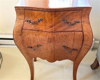 $500  PAIR OF BURL WOOD BOMBE 2 DRAWER CHEST COMMODE END TABLES

 WHY WE LOVE IT:

Exceptional burl wood Bombe two-drawer commode chest of drawers. Serpentine shape top above two thick wood drawers with a pair of angled fancy scroll pulls on each. The scalloped apron stands above beautifully curved cabriole legs ending in tapered feet. 

 DETAILS + DIMENSIONS:

 17L X 12D X 25H inches 
CONDITION: These pieces are in good pre owned condition.  There are minor superficial signs of wear to be expected with use and age.  Please refer to photos for a more detailed look at condition.  We make every attempt to list and photograph any defects or signs of wear that are significant to this sale. 

 

LOCAL PICK UP ALEXANDRIA, VA.  BUYER IS RESPONSIBLE FOR ANY NECESSARY DISASSEMBLY AND ALL COSTS ASSOCIATED WITH SHIPPING OR PICK UP.  CONTACT US FOR SHIPPING RECOMMENDATIONS.