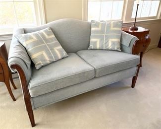 $500 FRENCH COUNTRY LIGHT BLUE TWO CUSHION LOVESEAT 

 WHY WE LOVE IT:

Embodying perfectly well the glamour and chic of the French cottage style, this elegant loveseat will bring a bit of classic refinement to your space. The simple clean lines make this a perfect choice to add a little history into a modern space. 

 DETAILS + DIMENSIONS:

 59L X 31D X 33H inches
 

CONDITION: This piece is in good pre owned condition.  There are minor superficial signs of wear to be expected with use and age.  Please refer to photos for a more detailed look at condition.  We make every attempt to list and photograph any defects or signs of wear that are significant to this sale. 

 

LOCAL PICK UP ALEXANDRIA, VA.  BUYER IS RESPONSIBLE FOR ANY NECESSARY DISASSEMBLY AND ALL COSTS ASSOCIATED WITH SHIPPING OR PICK UP.  CONTACT US FOR SHIPPING RECOMMENDATIONS.