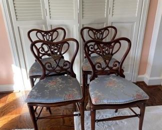 $600     SET OF MAHOGANY 4 SHIELD BACK CROWN JEWEL DINING CHAIRS WITH CANE SEATS

 WHY WE LOVE IT:

Set of 4 Shield Back Crown Jewel Dining Chairs with Cane Seats. Graceful curved shield back carving with a a central crown and coat of arms painted on the back. These stunning chairs is incredibly unusual with a nod to the style of a butterfly back. 4 floral silk seat cushions with tassel rope ties.  A beautiful set.

Original price $469 each = $1876

 DETAILS + DIMENSIONS:

34H X 17W X 16D inches
 

CONDITION: These are vintage pieces that have been extremely well cared for and are in very good condition.  There may be minor superficial signs of wear to be expected with use and age. Please refer to photos for a more detailed look at condition.  We make every attempt to list and photograph any defects or signs of wear that are significant to this sale. 

 

LOCAL PICK UP ALEXANDRIA, VA.  BUYER IS RESPONSIBLE FOR ANY NECESSARY DISASSEMBLY AND ALL COSTS ASSOCIATED WITH SHIPPING OR PICK UP.