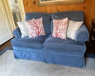 $600    FAIRFIELD BLAINE LAWSON 2 CUSHION DENIM CHENILLE LOVESEAT/SOFA

Product Description: The classic Lawson styling of this sofa features rolled arms, semi-attached back cushion, and loose seat cushions. The tailored skirt has kick pleat corners.

Original price $2197 

DETAILS + DIMENSIONS:

61L X 36D X 38H inches
#3720-50
 

CONDITION: This piece is in very good condition.  There are no scratches or imperfections in the mirror or metal.  Please refer to photos for a more detailed look at condition.  We make every attempt to list and photograph any defects or signs of wear that are significant to this sale. 

 

LOCAL PICK UP ALEXANDRIA, VA.  BUYER IS RESPONSIBLE FOR ANY NECESSARY DISASSEMBLY AND ALL COSTS ASSOCIATED WITH SHIPPING OR PICK UP.  CONTACT US FOR SHIPPING RECOMMENDATIONS.