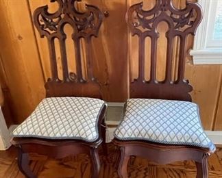 $400    TWO GOTHIC REVIVAL HIGH STRAIGHT BACK HALL/SIDE CHAIRS

 WHY WE LOVE IT:

Probably the rarest and most fascinating of American Gothic Revival furniture is this extraordinary hall chair. With its extremely high-back and distinctive birdcage carved front legs and upright supports, this distinctive chair has become the icon of American Gothic Revival.   With chair pads, self welt & rope ties

 DETAILS + DIMENSIONS:

43H X 16W X 15D


CONDITION: This piece is in very good condition.  There are no scratches or imperfections in the mirror or metal.  Please refer to photos for a more detailed look at condition.  We make every attempt to list and photograph any defects or signs of wear that are significant to this sale. 

 

LOCAL PICK UP ALEXANDRIA, VA.  BUYER IS RESPONSIBLE FOR ANY NECESSARY DISASSEMBLY AND ALL COSTS ASSOCIATED WITH SHIPPING OR PICK UP.  CONTACT US FOR SHIPPING RECOMMENDATIONS.