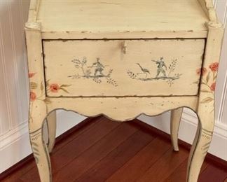 $150   HIGHLAND HOUSE EUROPEAN EXCURSIONS FRENCH PAINTED SIDE TABLE / SEWING CHEST

 WHY WE LOVE IT:

This piece is a unique side table that lends great functionality to a small space. Hand painted with a single drawer and French Cabriole legs. 
Original price $492

 DETAILS + DIMENSIONS:

18.5w X 13d X 27h
Rue de Provence
Caterina Sewing Chest #HH03-615-Ab
1 drawer
Hand Painted
Ancien Blanc finish
HH 03-615-AB
                                                                                            CONDITION:  This piece is authentic in good vintage condition.  Minor superficial signs of wear due to use and age may be visible.  Please refer to photos for a more detailed look at condition.  We make every attempt to list and photograph any defects or signs of wear that are significant to this sale. 

LOCAL PICK UP ALEXANDRIA, VA.  BUYER IS RESPONSIBLE FOR ANY NECESSARY DISASSEMBLY AND ALL COSTS ASSOCIATED WITH SHIPPING OR PICK UP.  PLEASE CONTACT US FOR SHIPPING RECOMMENDATIONS