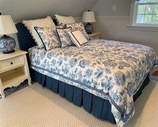 $500    BLUE DURALEE CUSTOM DOUBLE/FULL FABRIC HEAD BOARD WITH FRAME & LUXE BEDDING SET

 WHY WE LOVE IT:

This is a great set with incredible versatility in design and color. This piece can be taken from traditional to transitional and modern. Unique headboard design that is exceptional in quality.  Craft-lead techniques and striking detail including kiln-dried hardwood frames, quality textiles with Pindler silk cord piping.  Set comes with custom headboard, bed frame, and complete quality bedding set.
Original price $3976

 DETAILS + DIMENSIONS:

BEDFRAME:
39H x 56W x 82L inches
BEDDING:
Custom Duralee fabric w/Pindler cord trip
European shams 26 x 26 w/down like fillers
Standard pillow shams 26 x 20 quilted with trimmed edge
Toss pillow 20x 20 w/tassel fringe
Toss pillow 16x16 w/rope trim & banding
Neck roll 6" x 18"
Full size Duvet cover 82 x 89 reversible w/contrast welt and banded trip
Dust ruffle - Box pleated 54 x 75 w/15" drop

CONDITION: This set was in a guest house and saw 