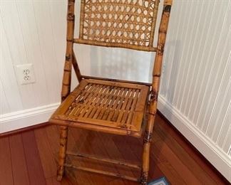 $100     FOLDING CANE BACK SLAT SEAT BAMBOO ACCENT CHAIR

Create a beautiful seating area without the need for seat covers, this chair is a standout all on its own. If you want to step up the style a bit, add an oversized pillow or throw.  Great artistic piece for add seating without taking up to much floor space. 
DETAILS + DIMENSIONS:
35H x 18W x 24D
                                                                                            
CONDITION: This chair has been in a guest house and has seen little use.  In very good condition. Please refer to photo's for a more detailed look at condition.  We make every attempt to list and photograph any defects or signs of wear that are significant to this sale. 
LOCAL PICK UP ALEXANDRIA, VA.  BUYER IS RESPONSIBLE FOR ANY NECESSARY DISASSEMBLY AND ALL COSTS ASSOCIATED WITH SHIPPING OR PICK UP.