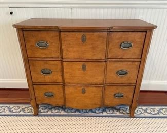 $250   LEXINGTON SERPENTINE FRONT 3 DRAWER CHEST IN AN ANTIQUE CHESTNUT FINISH

 WHY WE LOVE IT:

Lexington Home Brands furniture is striking for its upscale look and premium selection of designer furniture. All materials are of the highest quality with a focus on timeless and classic design.  This beautiful 3 drawer chest designed with the perfect amount of detail in the serpentine front and use of detailed hardware.
Original price $1476

 DETAILS + DIMENSIONS:

43w x 18d x 36h inches
Antique chestnut finish
 
CONDITION: This piece has been very well cared for and is in very good condition.  Minor signs of superficial wear due to age and use may be present but not  Please refer to photo's for a more detailed look at condition.  We make every attempt to list and photograph any defects or signs of wear that are significant to this sale. 

LOCAL PICK UP ALEXANDRIA, VA.  BUYER IS RESPONSIBLE FOR ANY NECESSARY DISASSEMBLY AND ALL COSTS ASSOCIATED WITH SHIPPING OR PICK UP.  CONTACT US FOR S