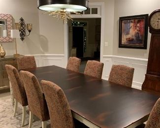 $3000  THIS SET IS IN LEESBURG, VA                   Custom Bassett Furniture French Country Twisted Leg Dining Table w/ 8 Upholstered Chairs

LOCATION:

Leesburg, VA.

WHY WE LOVE IT:

Beautiful Estate Size French Country Dining Table made by Basset Furniture Co. known for it's dedication to quality materials and construction. This table and chairs are custom made by a well known high end designer. Cream legs with a hand scratched surface make this table a great choice for a family with children.  The chairs are an updated style with Kilim inspired geometric print upholstery in earth tone colors.  

DETAILS + DIMENSIONS:

Hand Scratched Finish Walnut top
92 - 112 L x 44 W x 30 H inches (comes with one leaf)
Extra wide dining chairs
 

 

CONDITION: Like New. Used less than 5 times. This set is in excellent condition. Please refer to photos for a more detailed look at condition.  We make every attempt to list and photograph any defects or signs of wear that are significant to this sale