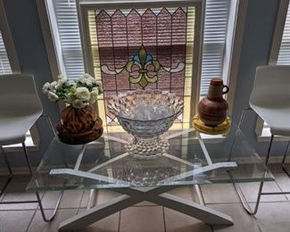 Antique Stained Glass window, FOSTORIA American LG. Punch Bowl Set, Glass Top Coffee Table, White Chrome Barstools
