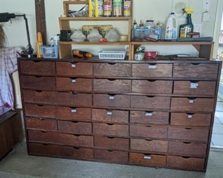 VINTAGE WOOD CABINET WITH 35 PULL OUT DRAWERS