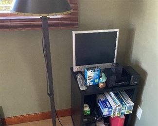 Floor lamp; office supplies.