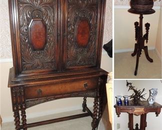 Victorian furniture: China cabinet, side table and pedestal table