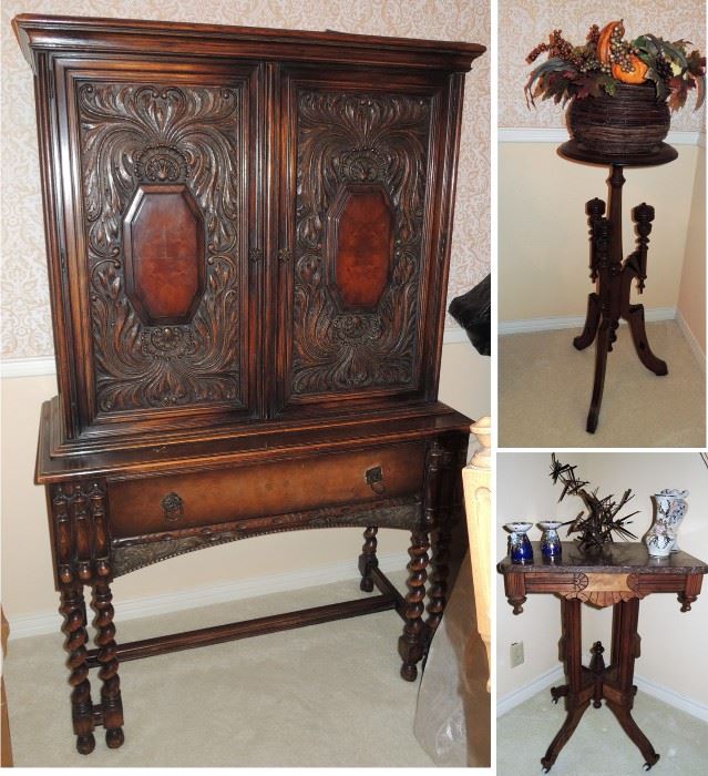 Victorian furniture: China cabinet, side table and pedestal table