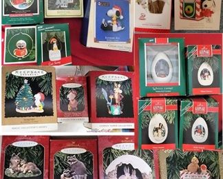 Hallmark Christmas ornaments: many in original boxes. Wild Animals, Eggs, Peanuts-Snoopy, Warner's Cartoons
