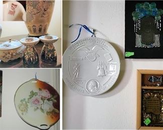 Beautiful Decor: Russian hand-painted china vases and candlesticks, English plates, USA History and Good luck Hamsas
