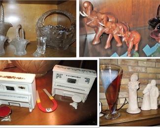 Home Decor: music boxes, crystal baskets, children statues, crystal vases and urns, carved wood elephants