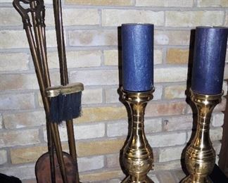 Brass candleholders, duck and home decor items