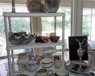 Kitchen entertaining and decor: Hammered silver plate tall vases and urns. Huge ARTHUR COURT Lobster plate and shell bowl. Pitcher collection including pottery, bluebonnets and Longaberger