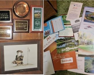 Golf decor, art, post cards and score cards