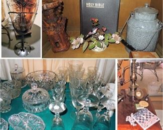 Home Decor: Crystal bowls, retro stemware, antique carved German Black Forest candle holder, antique jug