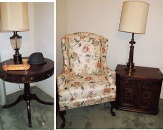 Retro side tables, lamps.  Wingback floral chair SOLD
