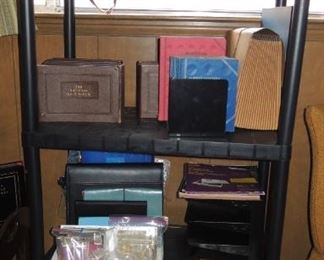 Coin books and holders (no coins), office supplies, retro cameras