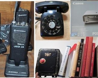 Retro office items:  mini and full size safe, rotary telephones, walkie-talkies and books
