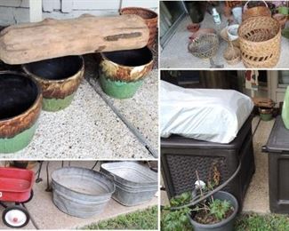 Red wagon, garden hoses and caddies, pots, planters and baskets.  Wood trunks