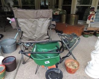 Folding camp chairs, statue, lawn and garden items, wood trunks
