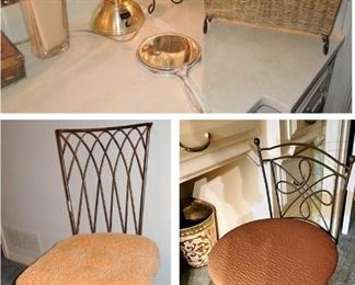 Vanity items: 3 iron chairs, make up mirror, perfume bottles, and more