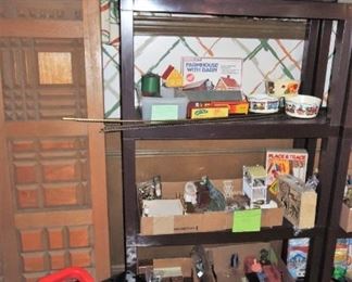 Carved wood room divider - HO Gauge Train Set with trains and buildings, Toy work bench and tools