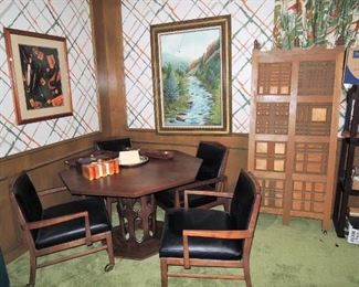Wood game table with 4 leather chairs