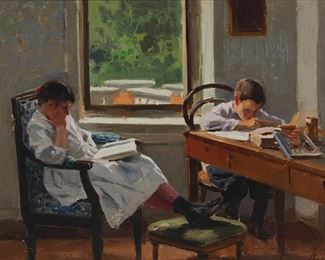1009
Alexei Stepanovich Stepanov
1858-1923, Russian
Two Children Studying
Oil on artist's board
Initialed in Cyrillic lower right
9.5" H x 11.625" W
Estimate: $1,000 - $1,500
