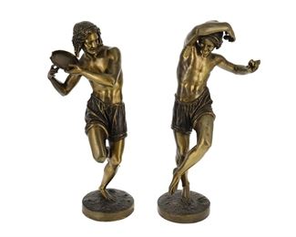 1016
Auguste-Maximilien Delafontaine (1813-1892, French) And Francisque-Joseph Duret (1804-1865, French)
Two works:

Two dancing Neapolatian youths
Each: Patinated bronze
Each signed in the cast: Delafontaine / Duret F.
Larger: 17" H x 7.25" W x 6" D; Smaller: 17" H x 6" W x 5.75" D
Estimate: $1,500 - $2,500