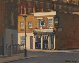 1022
Julian Barrow
1939-2013, British
"The Old Pub, Graham Terrace SW1," 1991
Oil on canvas
Signed and dated lower right: Julian Barrow; titled on the stretcher verso
8" H x 10" W
Estimate: $1,000 - $1,500