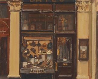 1023
Julian Barrow
1939-2013, British
"The Hat Shop, Jermyn St., London"
Oil on canvas
Signed lower right: Julian Barrow; titled on the stretcher verso
10" H x 8" W
Estimate: $1,000 - $1,500