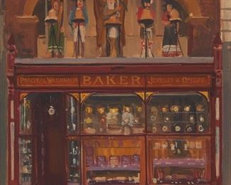 1029
Julian Barrow
1939-2013, British
"Baker & Son Jewellery Shop, Southgate Street, Gloucester," 1980
Oil on canvas
Signed and dated lower right: Julian Barrow; titled by repute
12" H x 10" W
Estimate: $1,000 - $1,500