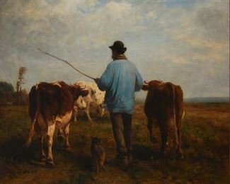 1035
Otto Ritter Von Thoren
1828-1889, Austrian
Cows With Shepherd In A Pasture
Oil on cradled panel
Signed lower right: O. v. Thoren
32.5" H x 35.5" W
Estimate: $1,000 - $1,500