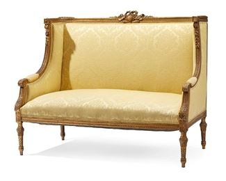 1045
A French Louis XVI-Style Settee With Yellow Damask Upholstery
Late 19th/Early 20th Century
The tall rectangular back over a wide seat and twisted legs
43.75" H x 56.5" W x 26" D
Estimate: $600 - $800