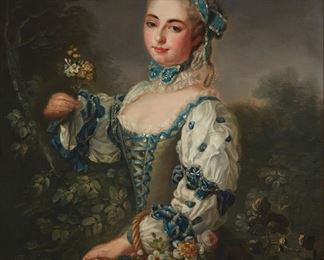 1049
Louis Tocque
1696-1772, French
Portrait Of A Lady Gathering Flowers
Oil on canvas
Signed lower right: pinxit L. Tocque
39.75" H x 32" W
Estimate: $10,000 - $15,000