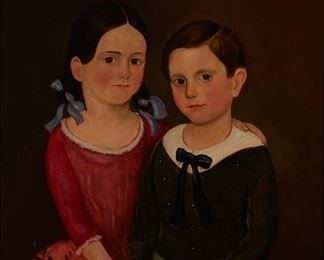 1055
Early American Primitive
Portrait Of Two Young Children
Oil on canvas
Unsigned
30" H x 25" W
Estimate: $1,500 - $2,000