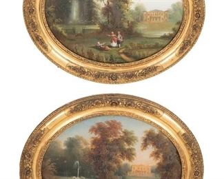 1054
A Pair Of Giltwood-Framed Reverse-Painted Glass Panels
Two works:

Figures strolling on the formal grounds
Reverse-painted oil on glass
Sight: 14.5" H x 17" W
Appears unsigned

Figures strolling on the formal grounds
Reverse-painted oil on glass
Sight: 14.5" H x 17.5" W
Appears unsigned

2 pieces
Estimate: $1,500 - $2,500