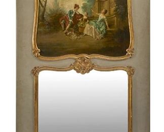 1056
A Large French Parcel-Gilt Trumeau Mirror
19th Century
The painted carved wood frame with gilt cornice over an oil on canvas courting scene enclosed by a parcel-gilt rocaille motif surround, atop a conformingly designed mirror
92" H x 54" W x 3" D
Estimate: $2,000 - $3,000