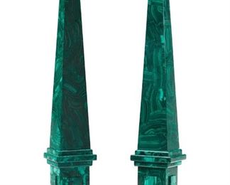 1071
A Pair Of Malachite Obelisks
20th Century
Each with malachite veneer on a tiered pedestal base, 2 pieces
Each: 31.5" H x 6.25" W x 6.25" D
Estimate: $2,000 - $3,000
