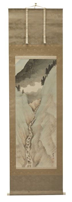 1077
Terazaki Kogyo
1866-1919, Japanese
Kakei (Gorge In Summer)
Black and colored inks on a paper-lined, silk, hanging scroll
Signed lower right: Kogyo and sealed Terasaki Kogyo and another seal. Together with wooden box, signed, sealed and titled by the artist
Painting: 52" H x 19.75" W; Scroll: 89" H x 26" W
Estimate: $1,000 - $1,500