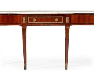 1082
A French Console Table
First-Quarter 20th Century
The breakfront-form marble top over a parquetry veneered apron with a long frieze drawer and gilt-bronze mounts raised on four slightly outswept legs
34" H x 64.25" W x 15.5" D
Estimate: $1,200 - $1,800